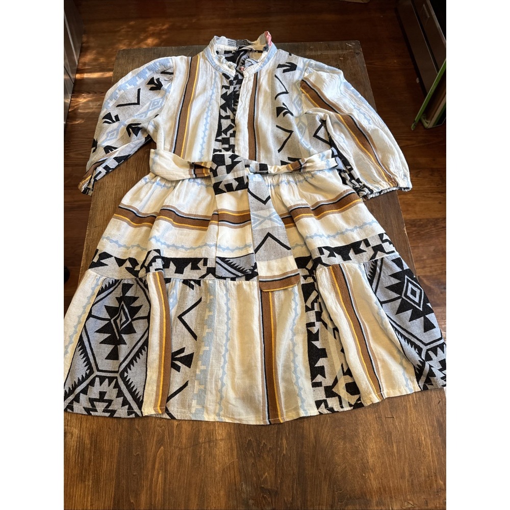 Sofia Made in Italy Dress Blue Aztec Print Tiered Mini V-Neck Cotton Art Sz M